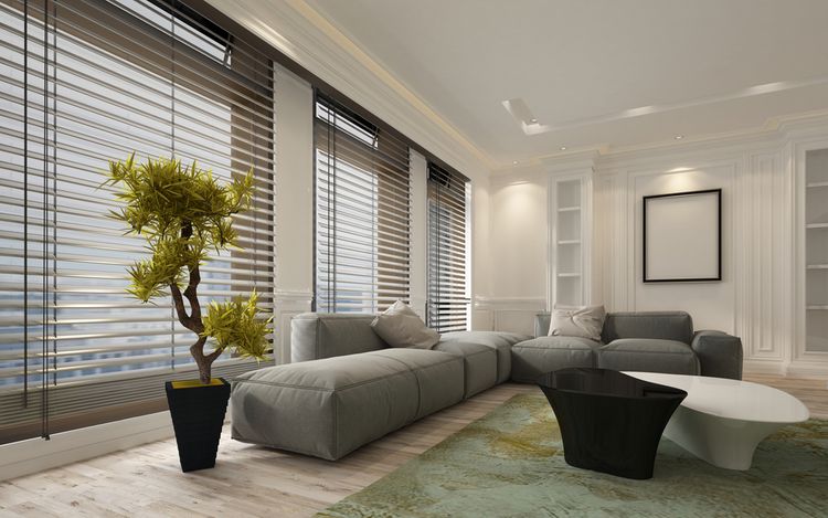 Horizontální žaluzie v moderní obývacím pokoji