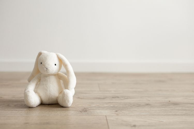 Bílý zajíc na dřevěné podlaze v dětském pokoji