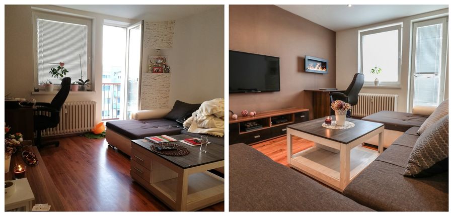 Obývací pokoj s šedým gaučem před a po home stagingu