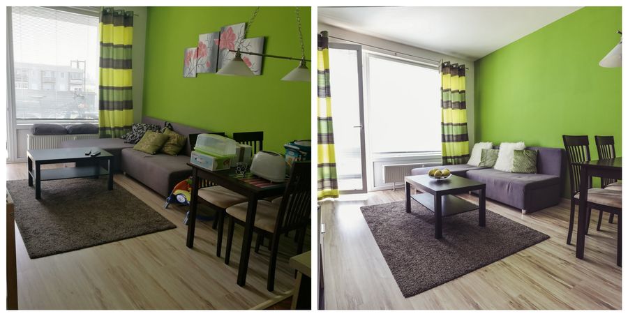 Zelený obývák před a po home stagingu