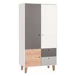 Bílo-šedá třídveřová šatní skříň se dřevěným detailem Vox Concept