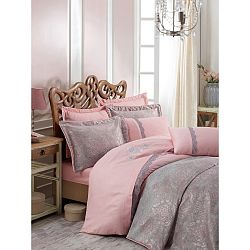 Růžovo-šedý přehoz přes postel na dvoulůžko s povlaky na polštáře Ornella, 260 x 260 cm