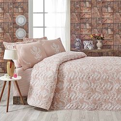 Růžový přehoz přes postel na dvoulůžko s povlaky na polštáře Pure, 200 x 220 cm