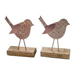 Sada 2 malých růžových dekorací z posmaltovaného kovu na dřevěném podstavci s motivem ptáčka Ego Dekor, 11 x 16 cm