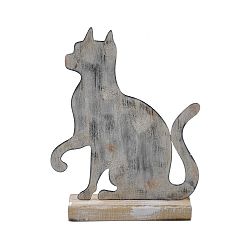 Velká šedá kovová dekorace na dřevěném podstavci s motivem kočky Ego Dekor, 19,5 x 25 cm