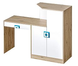 Pracovní stůl s komodou NIKO 11, dub jasný/bílá/tyrkys
