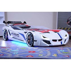 Bílá dětská postel ve tvaru auta s LED světly Fastero, 90 x 190 cm