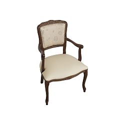 Bílá polstrovaná židle s područkami s dekorem v barvě ořechového dřeva