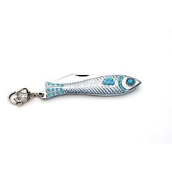 Český nožík rybička ve stříbrné barvě s krystalem a karabinkou