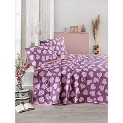 Fialovo-růžový přehoz přes postel na dvoulůžko s povlaky na polštáře Pari, 200 x 220 cm