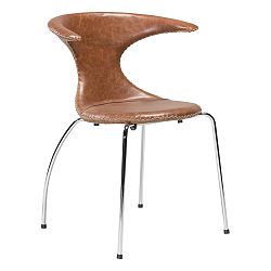 Hnědá kožená jídelní židle s pochromovaným podnožím DAN–FORM Flair
