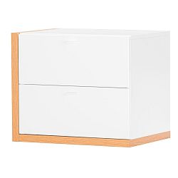 Menší bílá TV komoda se 2 zásuvkami a detaily ve dřevěném dekoru Szynaka Meble Salvo