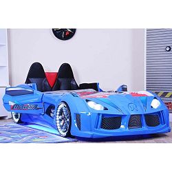 Modrá dětská postel ve tvaru auta s LED světly Racero, 90 x 190 cm