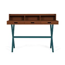 Pracovní stůl z ořechového dřeva s petrolejově modrými kovovými nohami HARTÔ Hyppolite, 120 x 55 cm