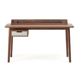 Pracovní stůl z ořechového dřeva s šedou zásuvkou HARTÔ Honoré, 140 x 70 cm