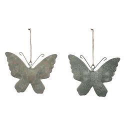Sada 2 malých šedých závěsných dekorací z posmaltovaného kovu s motivem motýlů Ego Dekor, 12 x 10,5 cm