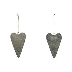 Sada 2 malých šedých závěsných dekorací z posmaltovaného kovu s motivem srdce Ego Dekor, 5 x 10 cm