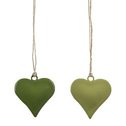 Sada 2 malých zelených závěsných dekorací z posmaltovaného kovu s motivem srdce Ego Dekor, ø 5 cm
