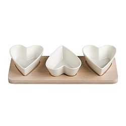 Sada 3 porcelánových mističek s bambusovým podnosem Brandani Hearts