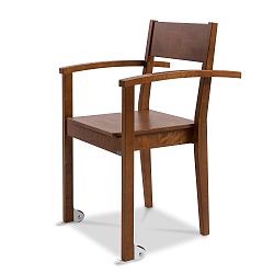 Tmavě hnědá učně vyráběná jídelní židle z masivního březového dřeva s područkami a kolečky Kiteen Joki