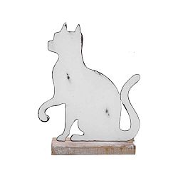 Velká bílá kovová dekorace na dřevěném podstavci s motivem kočky Ego Dekor, 19,5 x 25 cm