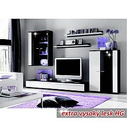 Obývací stěna, s LED osvětlením, bílá/černá extra vysoký lesk HG, CANES NEW 0000209083 Tempo Kondela